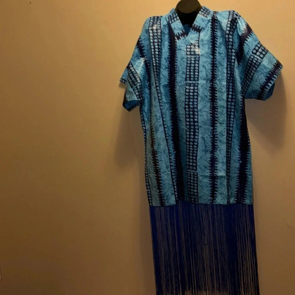 ZIXLUXE Fashion Loose Fit half Fringe Adire Kaftan | Coverup | maxi V neck dress - Picture 5 of 12